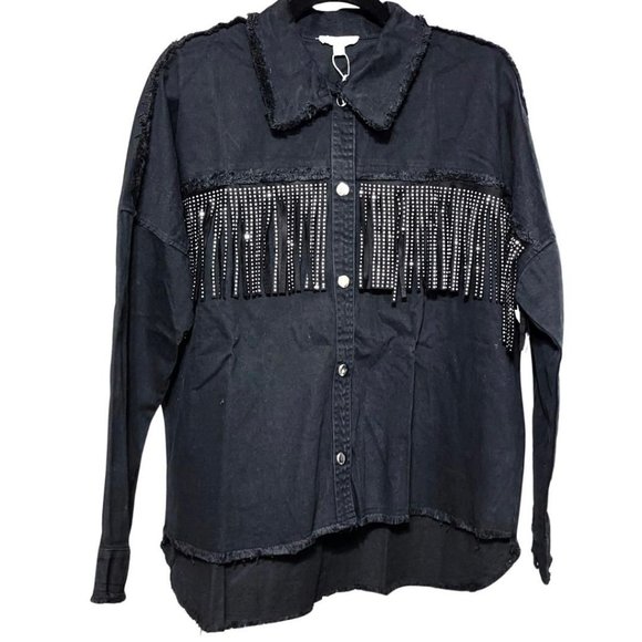 Main Strip Stud Fringe Raw Hem Oversized Black Denim Jacket Shacket CJ60713 - Picture 15 of 16